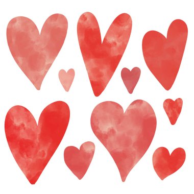 Kırmızı suluboya dumanından oluşan bir derleme vektör kalpleri beyaz arka plana izole edilmiş. Romantik tasarım unsurları, sevgililer günü için klip sanatı, düğün davetiyesi.