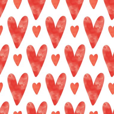 Kırmızı suluboya dumanlı, kusursuz desenli arka plan vektör kalp karalamaları beyaz zemine. Romantik duvar kağıdı, Sevgililer Günü için tekstil tasarımı, düğün davetiyesi.
