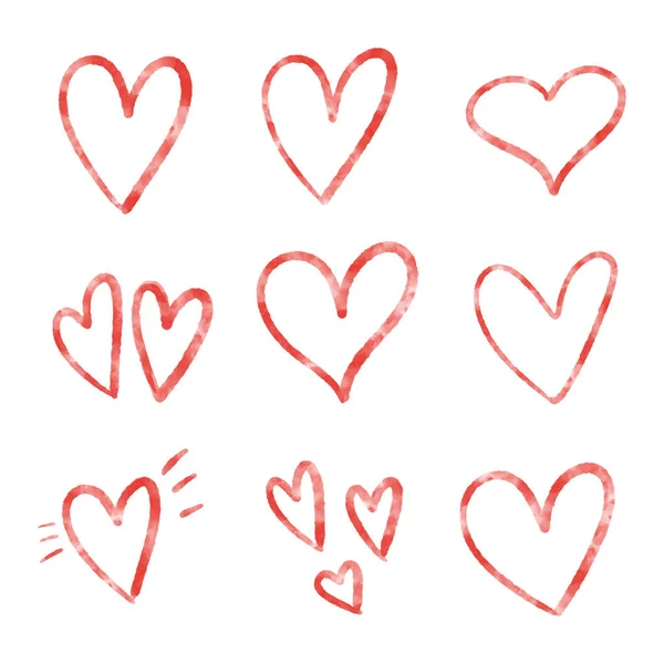 Samling av röd akvarell rök texturerade vektor hjärtan beskrivs klotter isolerade på vit bakgrund. Romantisk uppsättning designelement, klipp konst för alla hjärtans dag, bröllop inbjudan — Stock vektor