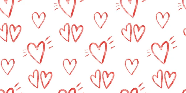 Nahtloser Musterhintergrund mit rotem Aquarell Rauch strukturiert umrissenen Vektor Herz Doodles auf weißem Hintergrund. Romantische Tapeten, textile Gestaltung zum Valentinstag, Hochzeitseinladung — Stockvektor