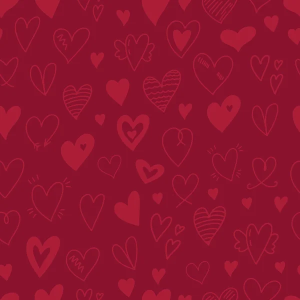 Valentinstag nahtlose Muster Hintergrund mit handgezeichneten Kritzelherzen Skizze. Verschiedene Herzsymbole auf karminrotem Hintergrund. Niedliche einfache romantische Urlaub, Hochzeit Textur Design — Stockvektor
