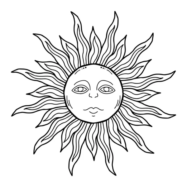 Soleil stylisé avec visage dessiné à la main à l'encre noire, symbole slave ethnique traditionnel pour Shrovetide ou Maslenitsa, signe astrologique concept vintage. Design médiéval de tatouage héraldique. — Image vectorielle