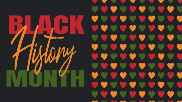 Black History Month 2022 - African American heritage celebration in USA. Vector illustration with text, pattern with hearts in traditional African colors - green, red, yellow on black background — Διανυσματικό Αρχείο