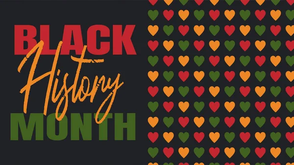Black History Month 2022 - African American heritage celebration in USA. Vector illustration with text, pattern with hearts in traditional African colors - green, red, yellow on black background