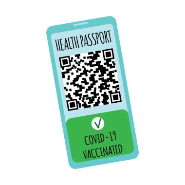 Covid-19 vaccination record sertificate mobille application. Health passport immunity app for cell phone during covid 19 virus pandemic. QR code and pass check mark vaccinated. Isolated vector