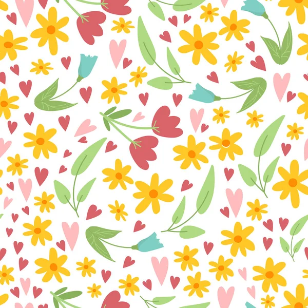 Padrão sem costura floral bonito Páscoa primavera com flores simples doodle, folhas e corações no fundo branco. Textura de mola vetorial desenhada à mão —  Vetores de Stock