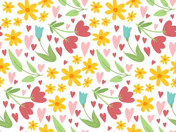 Cute floral Easter spring seamless pattern with simple doodle flowers, leaves and hearts on white background. Hand drawn vector springtime texture — Stock Vector
