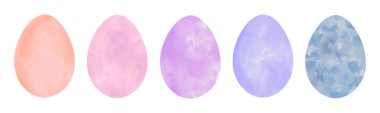 Bir dizi suluboya vektör pastel Paskalya yumurtası. El boyası kaynak suyu renk klipsi beyaz arka planda izole edilmiş sanat eserleri koleksiyonu. Bej, pembe, mor, mavi akvaryum rengi bahar yumurtası.