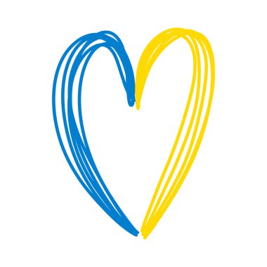 Ukrayna bayrağı taşıyan kalp - sarı ve mavi yatay bantlar. El çizimi arka plan şablonu, Ukrayna sembolü, fırça grunge desenli kalp şeklindeki renk çizgileri. Savaşı durdurun, Ukrayna için dua edin.