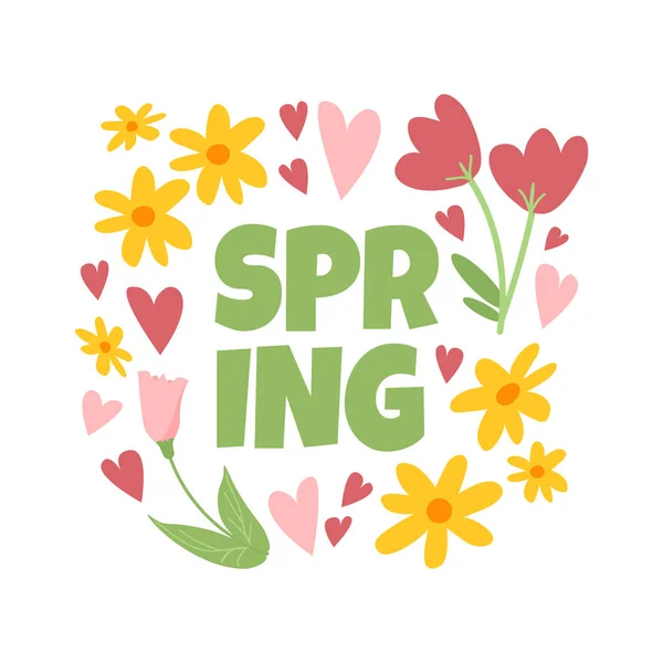 Nette quadratische Grußkarte mit kindlich einfachen Doodle-Blumen, Blättern und Herzen auf weißem Hintergrund. Handgezeichnete Vektor-Frühlingsvorlage für soziale Medien. — Stockvektor