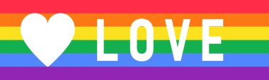 LGBT Gurur Ayı renkli LGBTQ bayrak gökkuşağı ile uzun yatay afiş. Aşk ve yürek. Aşk aşk konseptidir..