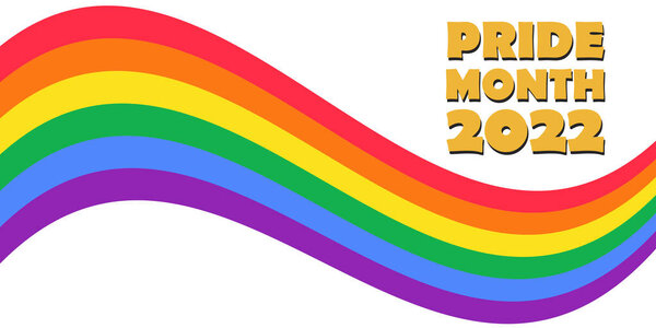 Pride Month 2022 - horizontal banner with Pride colored in rainbow LGBTQ gay pride flag colors ribbon. Vector lettering for LGBT History Month. Love is love concept