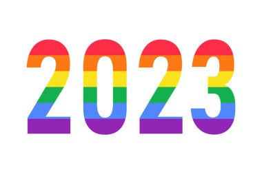 Gökkuşağı LGBTQ bayrak renginde 2023 yılı logosu beyaza izole edilmiş. LGBTQ 'nun vektör sembolü Gay Gurur Ayı, Tarih Ayı
