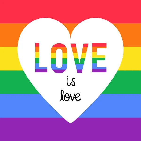 LGBTプライド月間カラフルなLGBTQの旗の虹と長い水平方向のバナー。言葉の愛と心。愛は愛の概念 — ストックベクタ