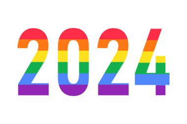 Gökkuşağı LGBTQ bayrak renginde 2024 yıllık logo beyaza izole edildi. LGBTQ 'nun vektör sembolü Gay Gurur Ayı, Tarih Ayı