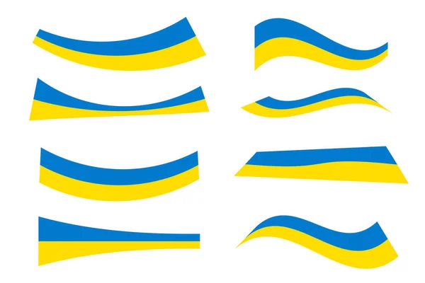 Ukrainische Flagge - gelbe und blaue horizontale Bänder. Set aus verschiedenen verdrehten Formen, Symbol der Ukraine. Sammlung ukrainischer Flaggen. — Stockvektor