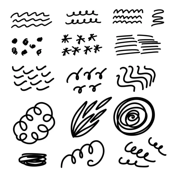 Set von einfachen handgezeichneten Kritzeleien, Kritzeleien, Linien, Wirbeln. Handgezeichnete Sammlung kindlicher grafischer Gestaltungselemente — Stockvektor