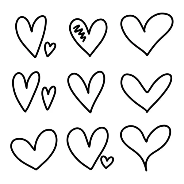 Conjunto de doodles coração desenhado à mão simples isolado no fundo branco. Coleção de coração delineado diferente. Ilustração vetorial isolada sobre branco. — Vetor de Stock