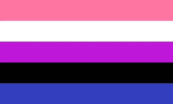 ジェンダー流体プライドフラグ-水平ストライプ、ピンク-女性らしさ、青-男らしさ、紫-男らしさ、女性らしさ、黒-性別、白の欠如-すべての性別。LGBTQシンボル — ストックベクタ