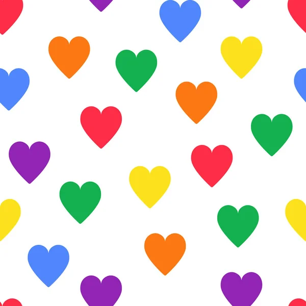 Nahtloses Muster mit lgbt regenbogenfarbenen Herzen auf weißem Hintergrund. Netter Vektorhintergrund für LGBTQ Pride Monat. — Stockvektor