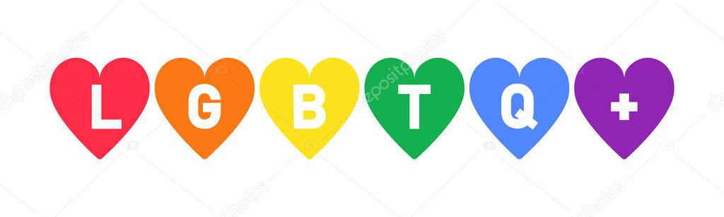 LGBTQ Pride Logo in Colorful rainbow flag color hearts. Vector illustration isolated on white background. Pride Month celebration design element