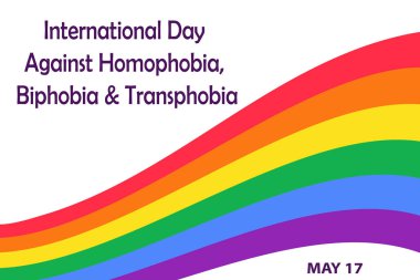 17 Mayıs 'ta Uluslararası Homofobi, Bifobi ve Transfobi Karşıtı Gün. Kutlama, LGBT hakları ihlalleri hakkında farkındalığı artırmak. Sancak, renkli gökkuşağı çizgili tebrik kartı şablonu.