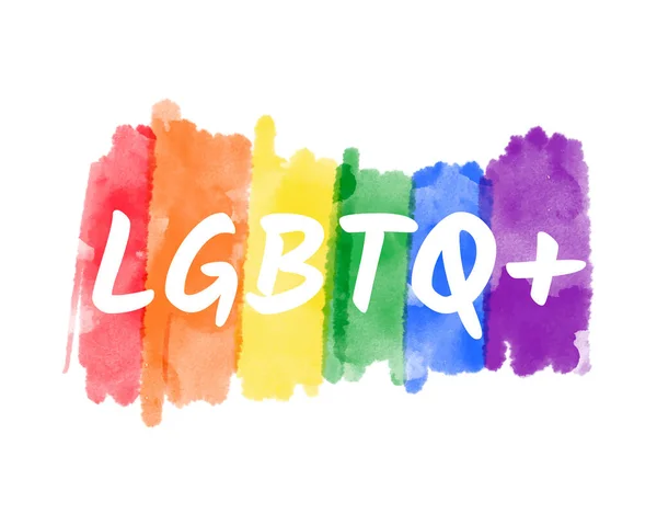 LGBTQ logo lettering text on vector rainbow watercolor paint textured, colorful stripes. Artistic watercolor hand drawn paint brush horizontal background template for Pride Month. — Vetor de Stock