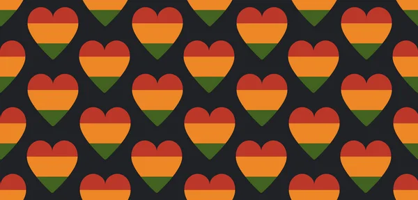 Seamless pattern with hearts in traditional Pan African colors - red, yellow, green, black background. Backdrop for Kwanzaa, Black history month, Black Love Day, Juneteenth greeting card, banner. — Stockvector