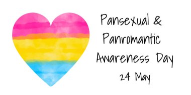 Panseksüel suluboya desenli Panseksüel suluboya kalp ikonu Panseksüel Gurur Bayrağı renginde. 24 Mayıs Panseksüel Bilinç Günü - basit yatay vektör pankartı tasarımı.