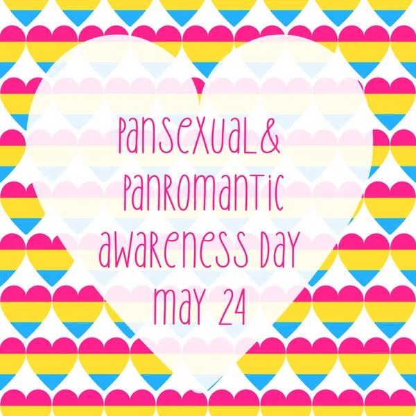 Panseksüel Gurur Bayrağı renklerinde kalp ikonu olan kusursuz desenli bir arka plan. Panseksüel Panromantik Farkındalık Günü 24 Mayıs pankartı, tebrik kartı.
