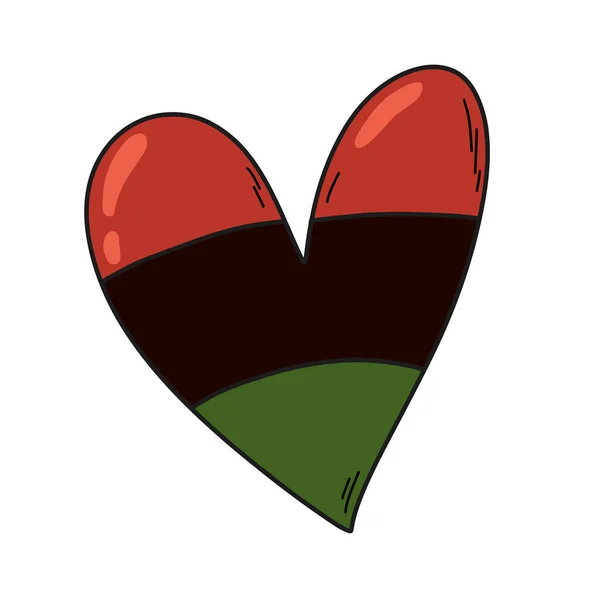 Lindo vector de dibujos animados dibujado a mano corazón rayado en color de la bandera africana rojo, negro, verde. Juneteenth, etiqueta engomada del mes de la historia negra, elemento del diseño — Vector de stock