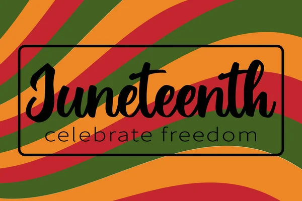 Vektör bayrağı Juneteenth - ABD 'de kutlama, Afrika Amerika' nın Özgürlük Günü. Özgürlüğü kutlamak için mesaj at. Afrika renklerinde çizgileri olan desen - kırmızı, yeşil, sarı.
