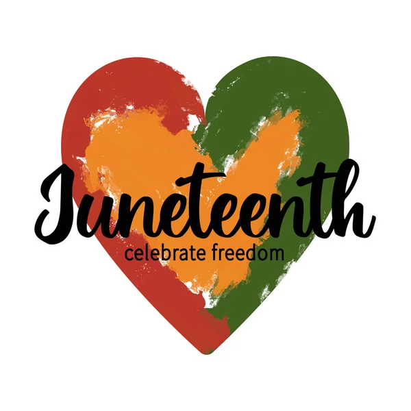 Kalp şeklinde Afrika renkleri - kırmızı, sarı, yeşil vektör grunge boya fırçası desenli. Juneteenth için sanatsal tebrik kartı. Özgürlüğü kutlayın. Gömlek izi.