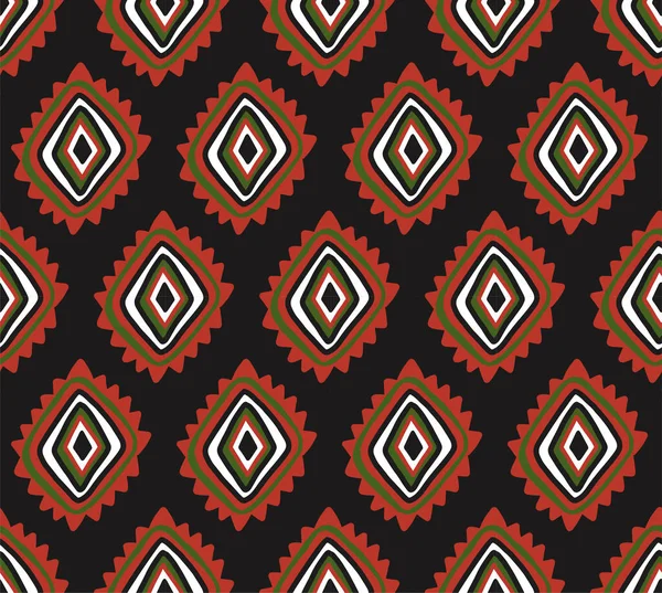 Tribal African ethnic seamless pattern with simple lines and figures in red, white and green. Vector traditional black background, textile, paper, fabric. Kwanzaa, Black history month, Juneteenth — Stockvector