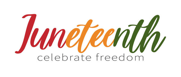 Juneteenth, celebrate freedom text lettering logo. Typography logo design for greeting card, poster, banner. Vector illustration isolated on white background.