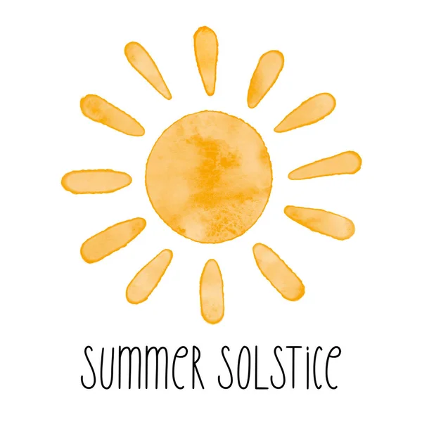 Acuarela textura simple vector sol icono. Ilustración vectorial, tarjeta de felicitación para solsticio de verano, el día más largo del año — Vector de stock