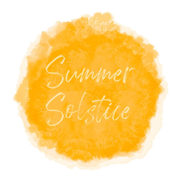 Summer Solstice June 21. Longest day of the year. Vector illustration with watercolor textured yellow sunset sun spot, orange yellow sky background. banner, poster, greeting card design template.