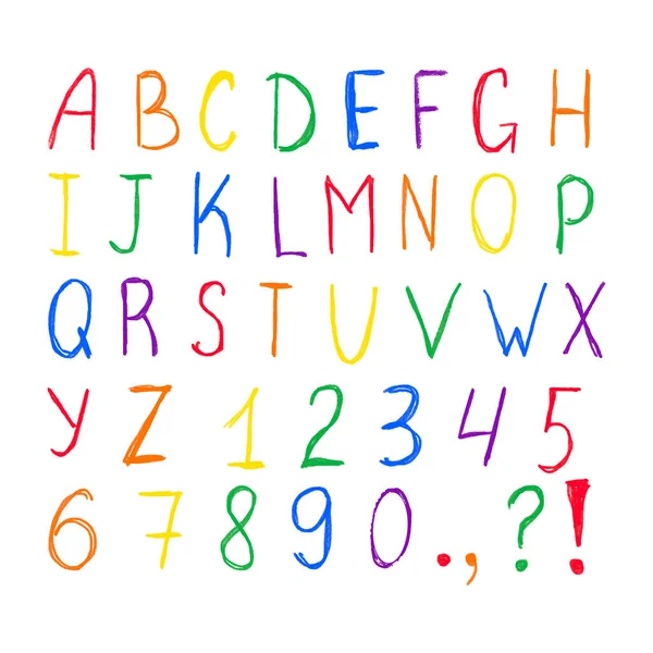 Crayon, color pencil alphabet font. Bright rainbow colored alphabet letters, numbers and symbols. Vector chalk textured abc isolated. Simple children kid hand writing style. — Διανυσματικό Αρχείο