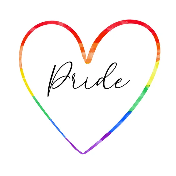 Cute vector watercolor textured rainbow outlined heart with cursive calligraphic text Pride. LGBT community symbol. Pride month 2022 square minimalist elegant banner design. — Vetor de Stock