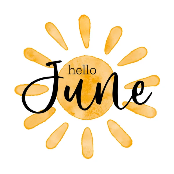 Hello June - Watercolor textured simple vector sun icon. Vector illustration, greeting card for beginning of summer, welcoming poster design. — Stockvector