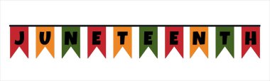 Cute festive flags bunting with word Juneteenth - traditional African American freedom, emancipation day holiday. Vector clip art design element decoration isolated