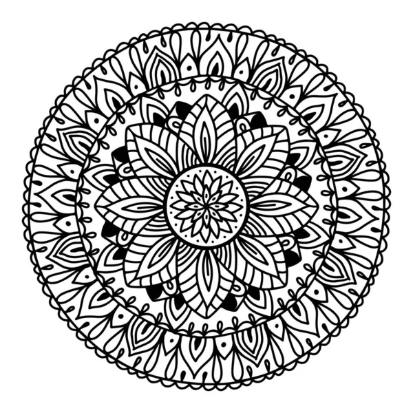 Padrão simétrico circular mandala. Motivo oriental. ornamento redondo decorativo floral em contorno preto. Ilustração vetorial isolada sobre fundo branco. Árabe, impressão indiana. símbolo de ioga. — Vetor de Stock