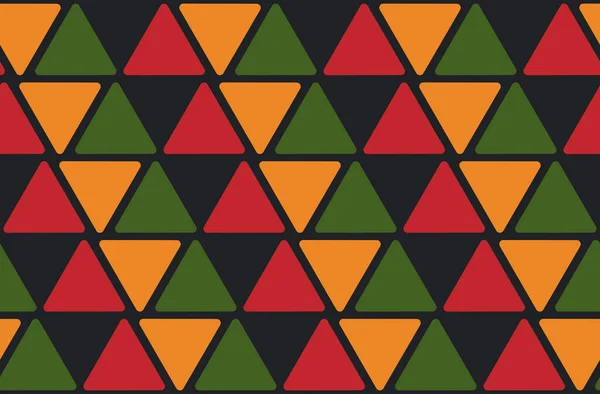 Astratto Kwanzaa, Black History Month, Juneteenth modello senza cuciture con triangoli nei colori tradizionali africani nero, rosso, giallo, verde. Vettore design minimalista sfondo africano — Vettoriale Stock