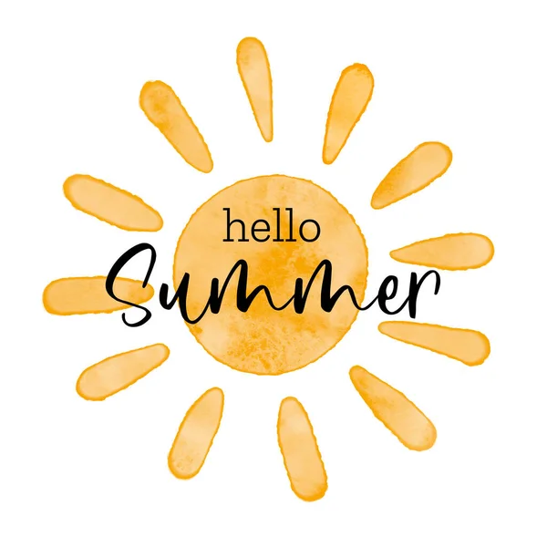 Hello Summer- Watercolor textured simple vector sun icon. Vector illustration, greeting card for june, beginning of summer, welcoming poster design. — Stock vektor