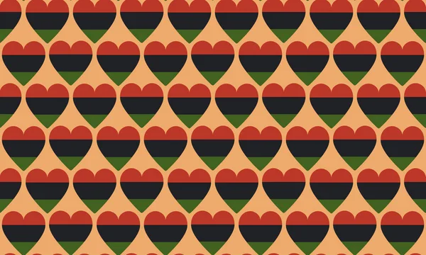 Seamless pattern background with hearts in color of Pan African flag - red, black, green. Vector backdrop texture for Juneteenth, Black History Month, Kwanzaa. — Stockvector
