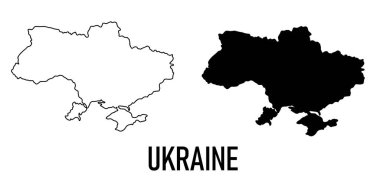 Ukrayna haritası - basit el çizimi stili bir çizgi dış hat haritası ve siyah siluet. Vektör illüstrasyonu beyaza izole edildi. Ukrayna sınır silueti çizimi.