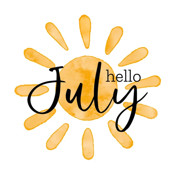 Merhaba July - Suluboya basit bir vektör güneş simgesi. Vektör illüstrasyon, yazın başlangıcı için tebrik kartı, poster tasarımı.