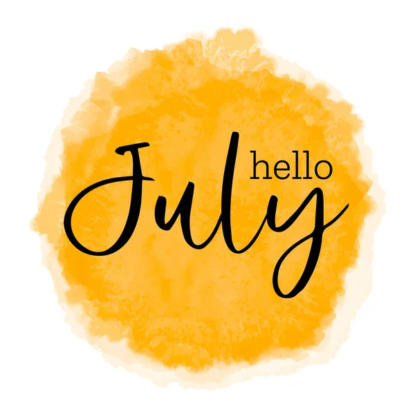 こんにちは7月-夏の初めの挨拶カード、ポスターデザインを歓迎します。水彩質感の黄色の日没の太陽のスポット、オレンジの黄色の空の背景とベクトルイラスト。バナーポスター挨拶 — ストックベクタ