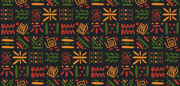 African clash ethnic tribal seamless pattern background. Vector red, yellow, green symbols, square repeat lines backdrop for Black History Month, Juneteenth, Kwanzaa print, banner, wallpaper — Stockvector