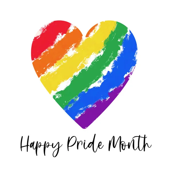 LGBT topluluğunun renginde renkli çizgili, vektör boyalı şirin gökkuşağı kalbi. Sanatsal suluboya el ile Mutlu Gurur Ayı yazılı tebrik kartı çizildi.